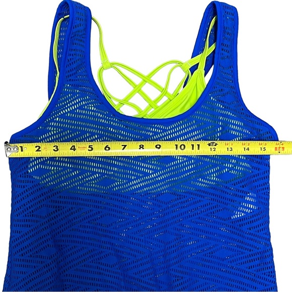 NWT GO by Gossip Sporty Splice Tankini Small Swimsuit Top Sports Bra Blue Lime - Picture 12 of 16